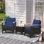 3PCS Patio Rattan Conversation Set Wicker Furniture Set with Cushioned Chairs, Acacia Wood Armrest & Table Top