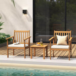 3 Pieces Patio Wood Furniture Set Acacia Wood Chairs & Coffee Table Set with Soft Seat Cushions & Slatted Design for Porch Yard Balcony