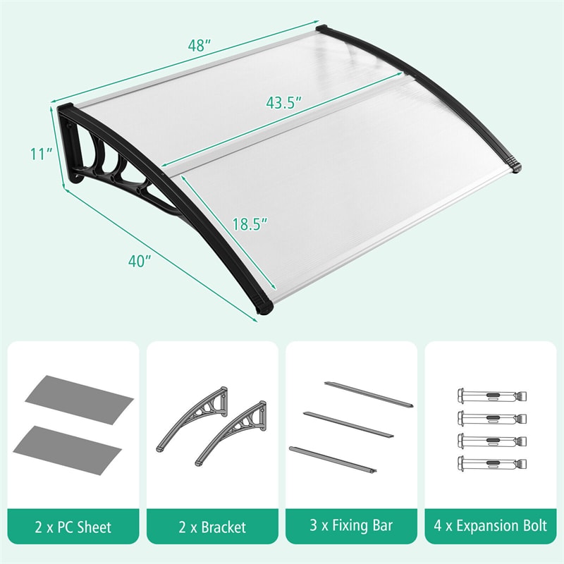 40" x 48" Window Awning Modern Polycarbonate Overhead Door Awning Canopy with Hollow Sheet for Rain Snow Sunlight UV Protection UPF 50+