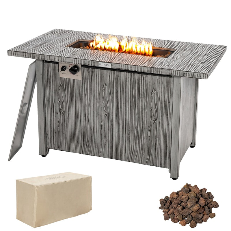 43" Rectangular Propane Fire Pit Table 50,000 BTU Outdoor Gas Fire Table with Wood Grain Tabletop, Metal Lid, Lava Rocks & Waterproof Cover