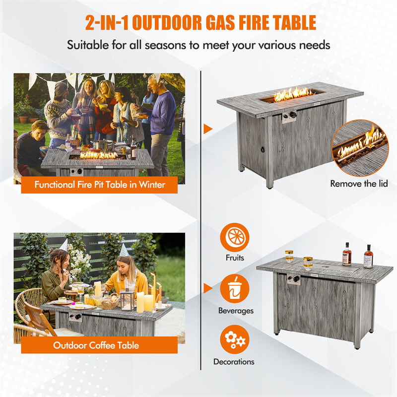 43" Rectangular Propane Fire Pit Table 50,000 BTU Outdoor Gas Fire Table with Wood Grain Tabletop, Metal Lid, Lava Rocks & Waterproof Cover