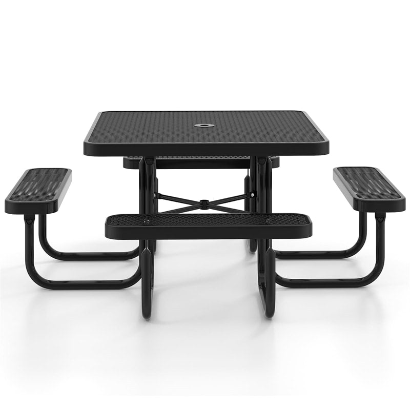 46" Thermoplastic Coated Steel Picnic Table Bench Set for 8 People, Outdoor Camping Table Square Commercial Picnic Table with Umbrella Hole