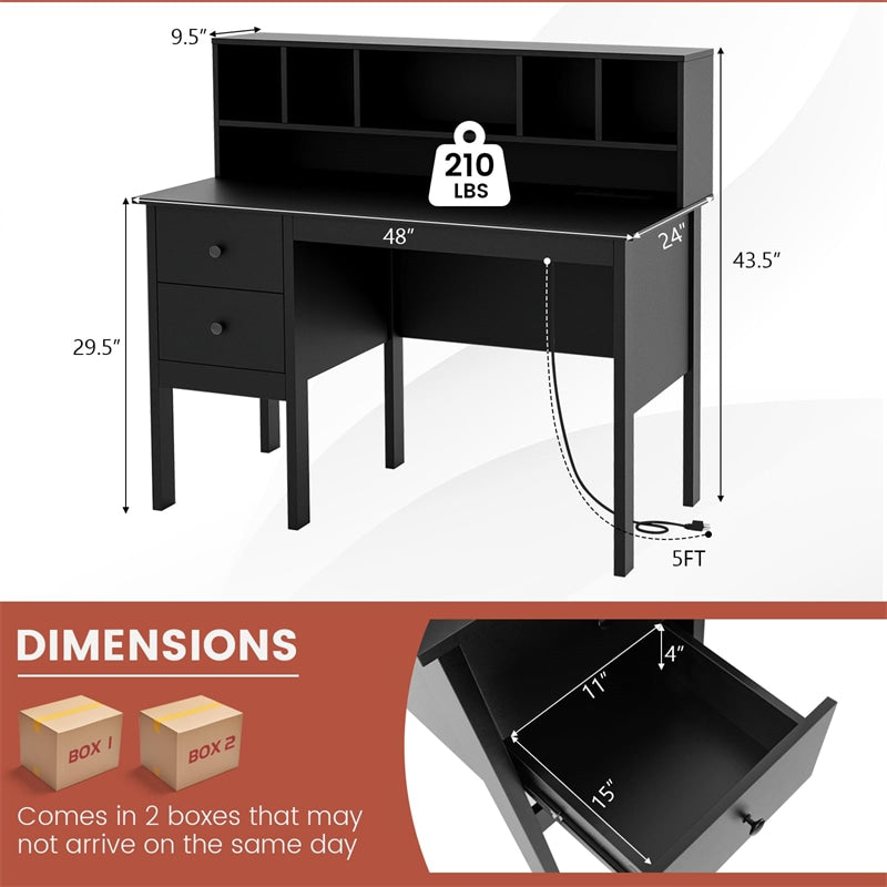 48" Black Computer Desk with Power Outlets, USB Ports & Type-C, Modern Home Office Desk Writing Study Table with Drawers & 5-Cubby Hutch