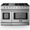 48" Freestanding Gas Range Stainless Steel Dual Fuel Range with 7 Burners Cooktop Double Ovens Storage Drawer Cast Iron Grates Enamel Interior