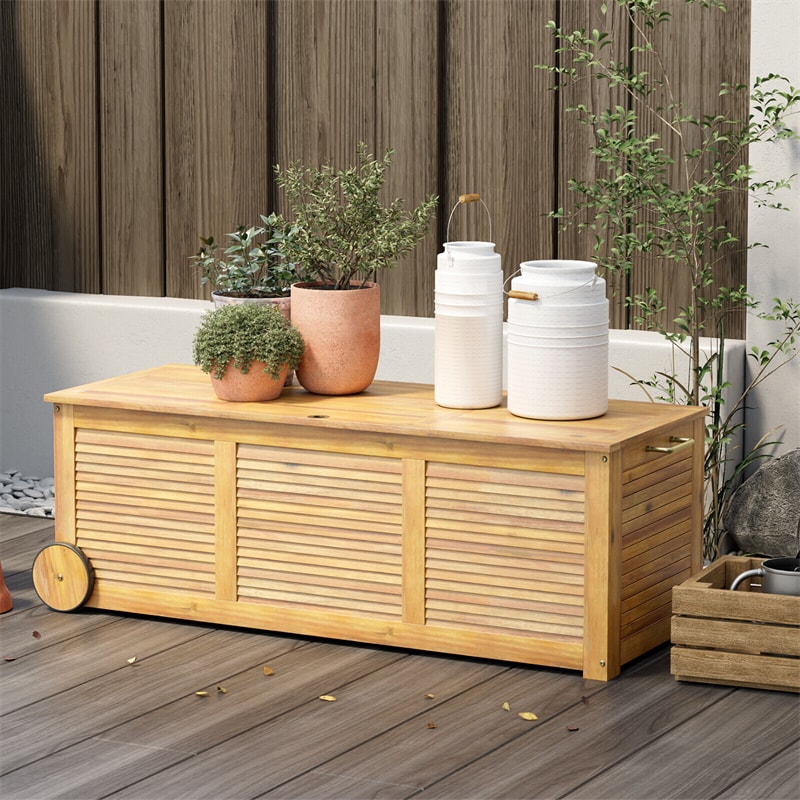 48 Gallon Acacia Wood Deck Box Outdoor Patio Storage Box with Wheels, Side Handle & Waterproof Fabric Cover