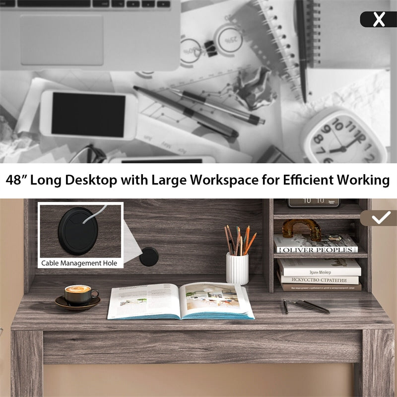 48" Home Office Computer Desk with Hutch Writing Workstation Study Desk with Bookshelf, Anti-Tipping Kits & Cable Management Hole