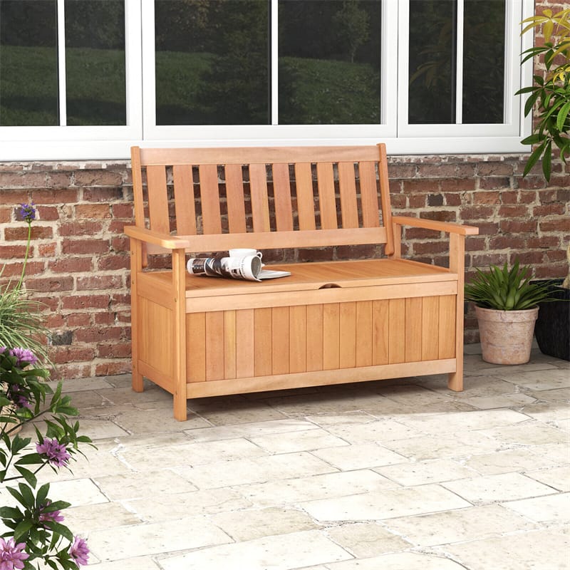 48 Inch Patio Storage Bench Wood Storage Loveseat Entryway Large Deck Box Storage Seat with 34.2 Gal Inner Space & Slatted Backrest