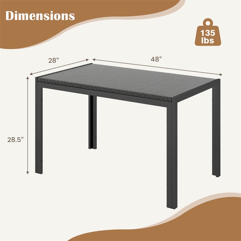 48" Patio Wicker Dining Table for 6 Rectangular Rattan Table Outdoor Dining Table with Heavy Duty Metal Frame for Backyard Front Porch