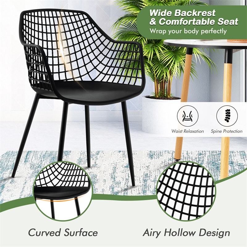 Modern Dining Chairs Set of 4 Plastic Shell Hollow Armchairs with 15" High Airy Hollow Backrests & Powder-Coated Metal Legs