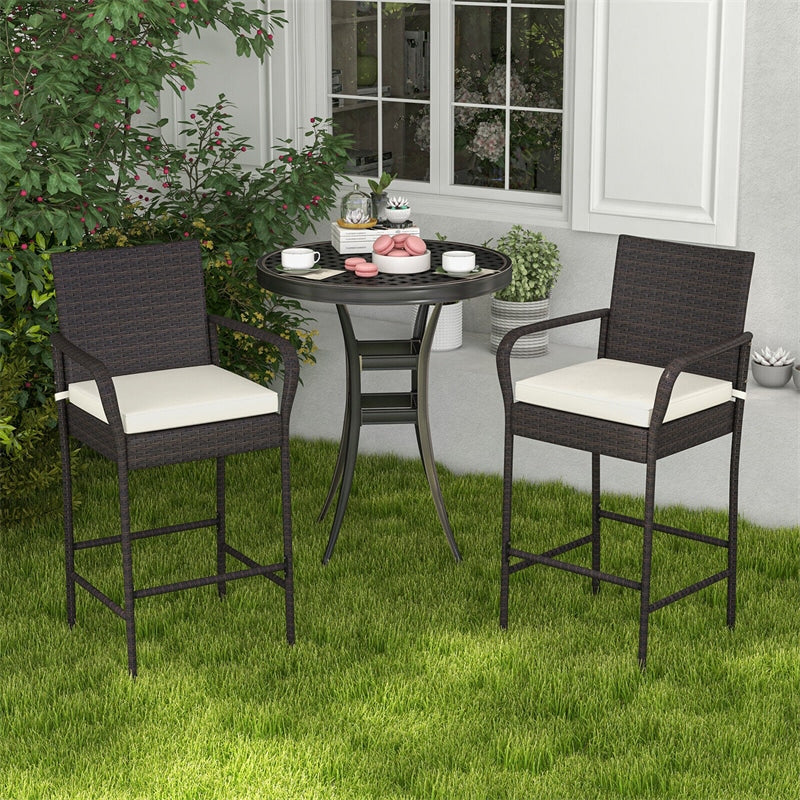 4 Pcs Patio PE Wicker Bar Stools Outdoor Counter Height Stools with Armrests & Soft Cushions