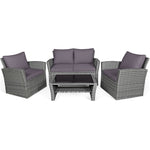 4 Pcs Rattan Patio Conversation Set Outdoor Loveseat Sofa Table Set with 2 Cushioned Chairs & Storage Shelf