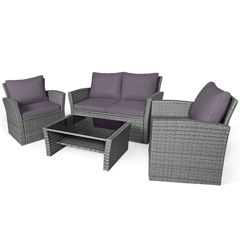4 Pcs Rattan Patio Conversation Set Outdoor Loveseat Sofa Table Set with 2 Cushioned Chairs & Storage Shelf