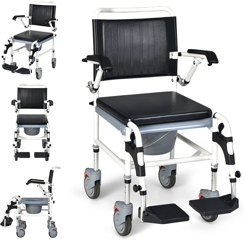 4-in-1 Bedside Commode Chair Shower Commode Wheelchair Padded Mobile Toilet Chair with Detachable Bucket, Height Adjustable, Flip-up Footrest
