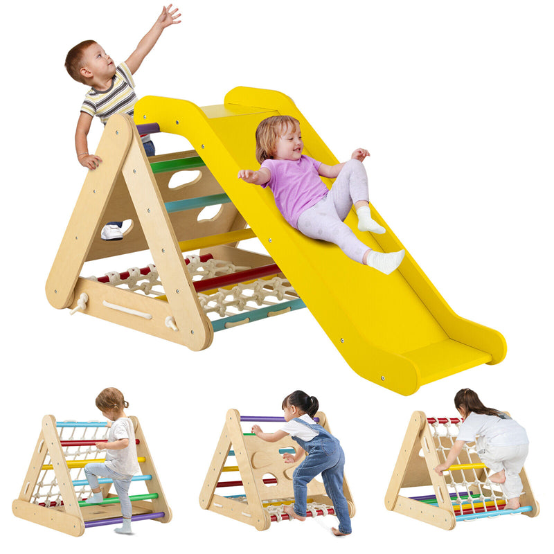 4-in-1 Wooden Montessori Triangle Climber Toddler Climbing Toys Climbing Triangle Ladder with Sliding Ramp, Climbing Net & Board