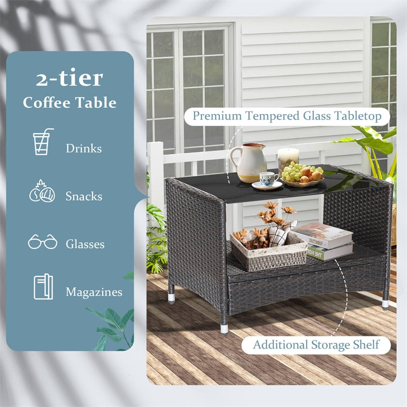 4 Pieces PE Rattan Patio Furniture Set Outdoor Wicker Conversation Set with 2-Tier Coffee Table & Soft Cushions