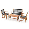4pcs Acacia Wood Patio Chat Set with Coffee Table & Hand-Woven Rope Loveseat Chairs