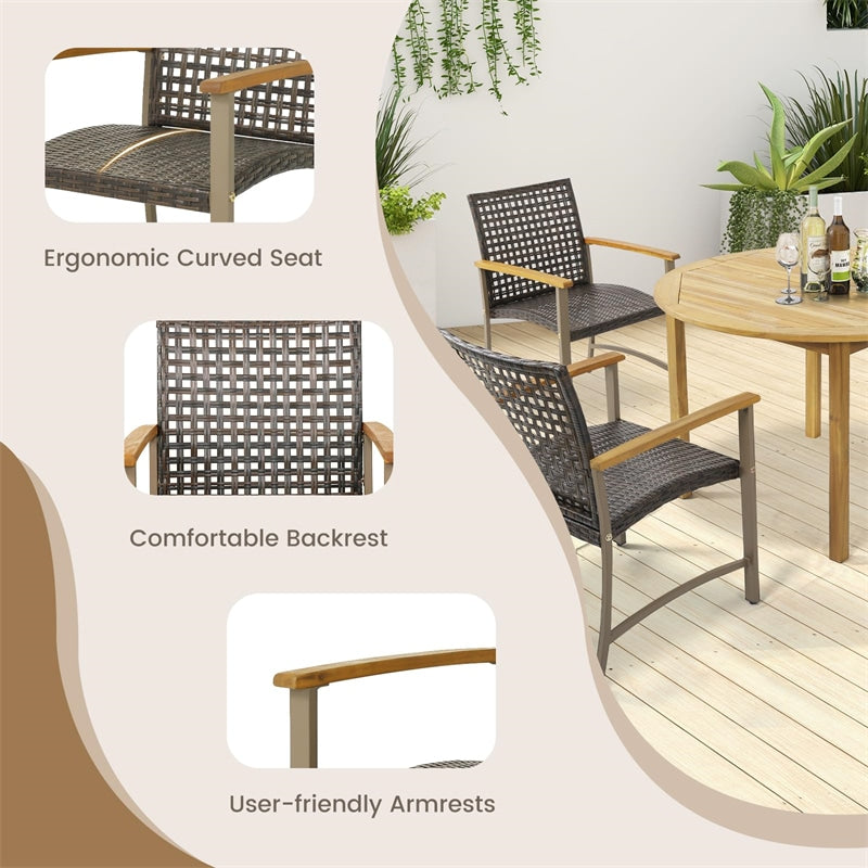 4 Pcs Outdoor PE Wicker Patio Dining Chairs Heavy-Duty Metal Frame Armchairs with Acacia Wood Armrests