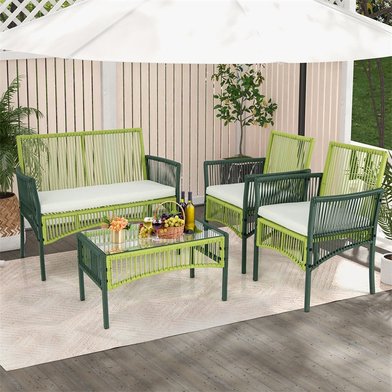 4 Piece Outdoor Rattan Chair Set Metal Frame Wicker Patio Conversation Set with Soft Cushions & Tempered Glass Side Table