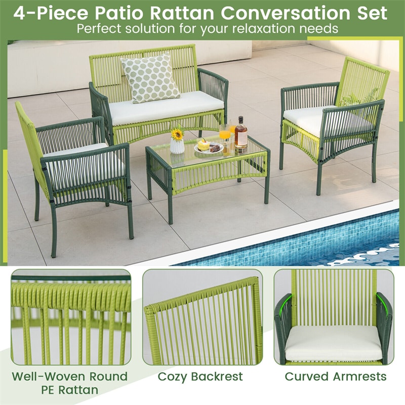 4 Piece Outdoor Rattan Loveseat Chair Table Set Metal Frame Wicker Patio Conversation Set with Cushions & Tempered Glass Side Table