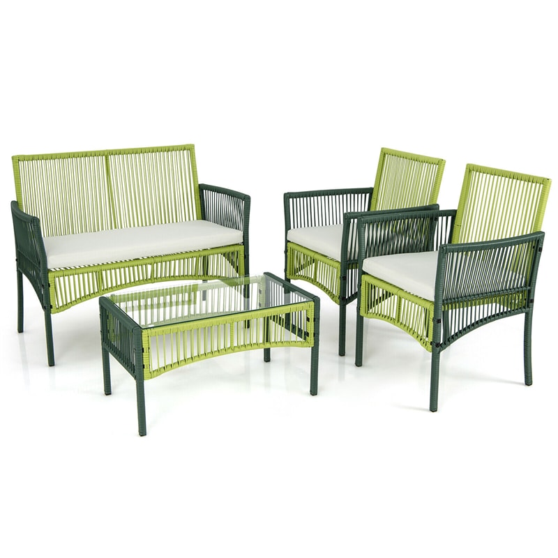 4 Piece Outdoor Rattan Loveseat Chair Table Set Metal Frame Wicker Patio Conversation Set with Cushions & Tempered Glass Side Table