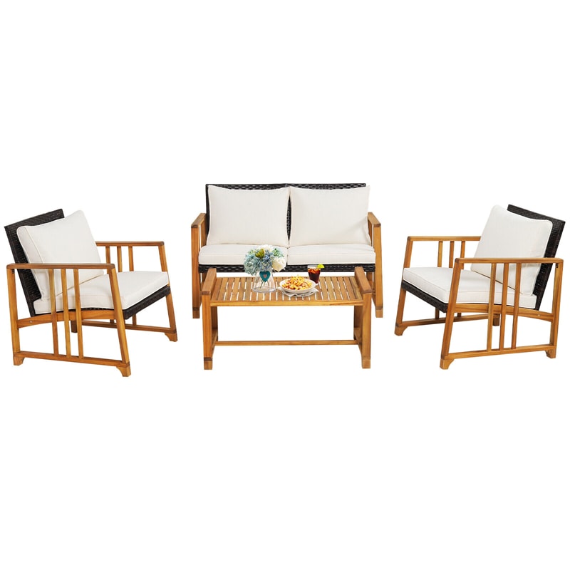 4 Piece Outdoor Wicker Sofa Set Patio Rattan Conversation Set Acacia Wood Frame Furniture Set with Seat & Back Cushions