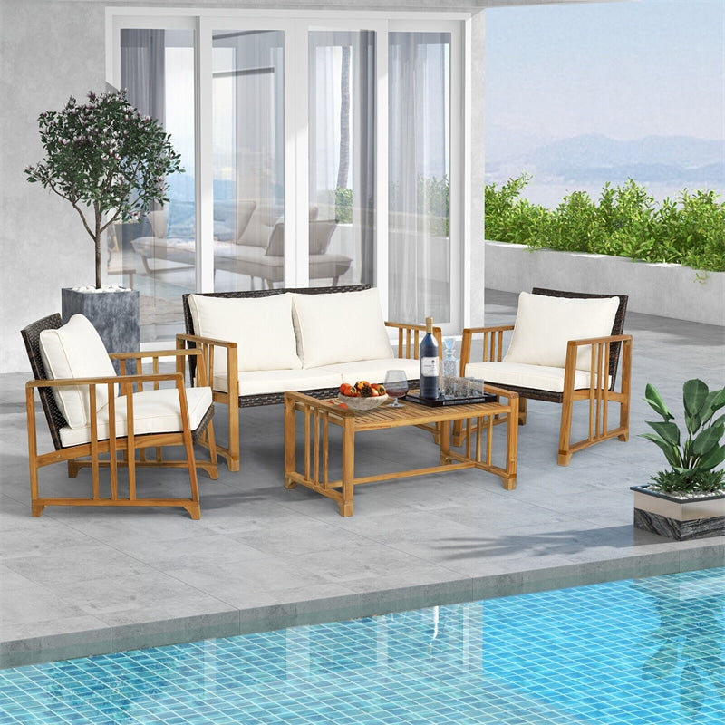 4 Piece Acacia Wood Frame Wicker Patio Conversation Set Rattan Outdoor Furniture Sofa Set with Seat & Back Cushions