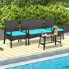 4 Piece Patio Rattan Conversation Set Wicker Chairs Loveseat with Seat Cushions & Tempered Glass Coffee Table