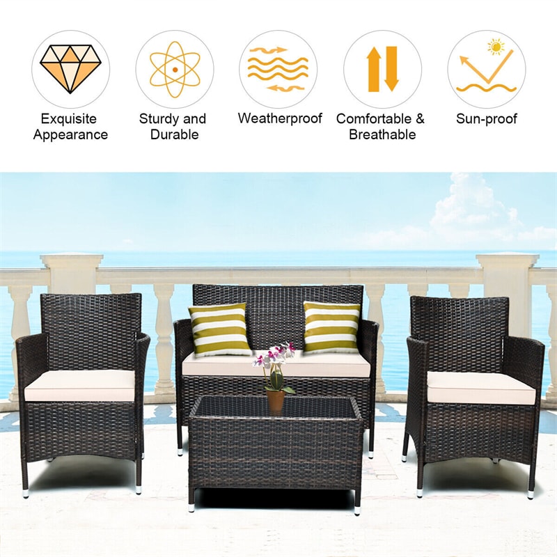 4 Pcs Wicker Outdoor Seating Group Rattan Patio Loveseat Chair Coffee Table Set with 3 Seat Cushions & 2 Sets Covers