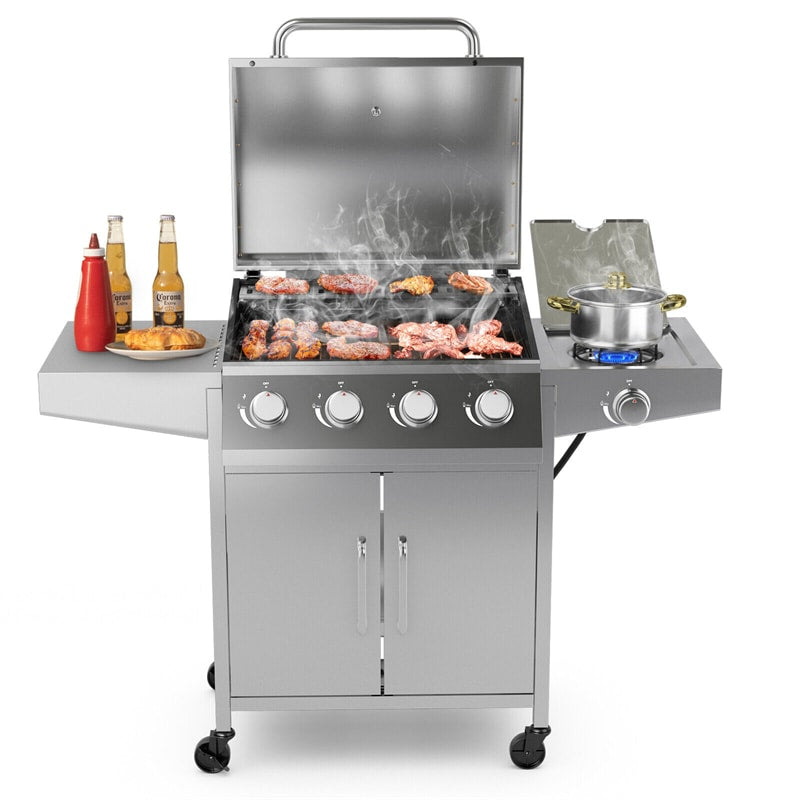 50,000 BTU Heavy-Duty Propane Grill 5-Burner Gas Grill with Stainless Steel Side Burner, 2 Prep Tables & 4 Wheels