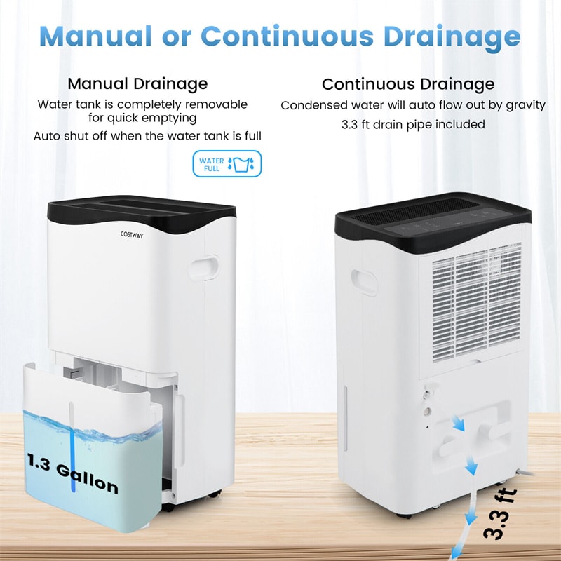 Waykar Dehumidifier for 1500 Sq ft Home Basement with Continuous Drain Hose Reusable Air Filter