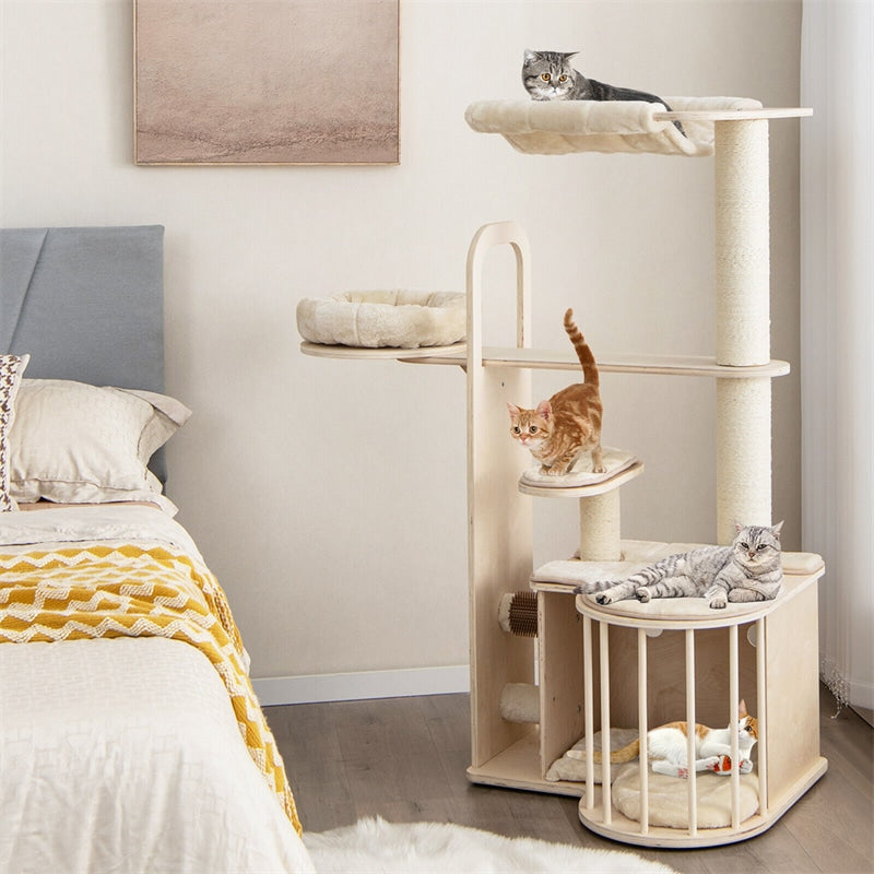55" Tall Cat Tree Multi-Layer Wooden Cat Tower Activity Center with Hammock & Luxurious Cat Condo Plush Perch Cat Self Groomer
