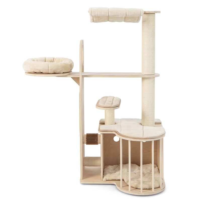 55" Tall Cat Tree Multi-Layer Wooden Cat Tower Activity Center with Hammock & Luxurious Cat Condo Plush Perch Cat Self Groomer