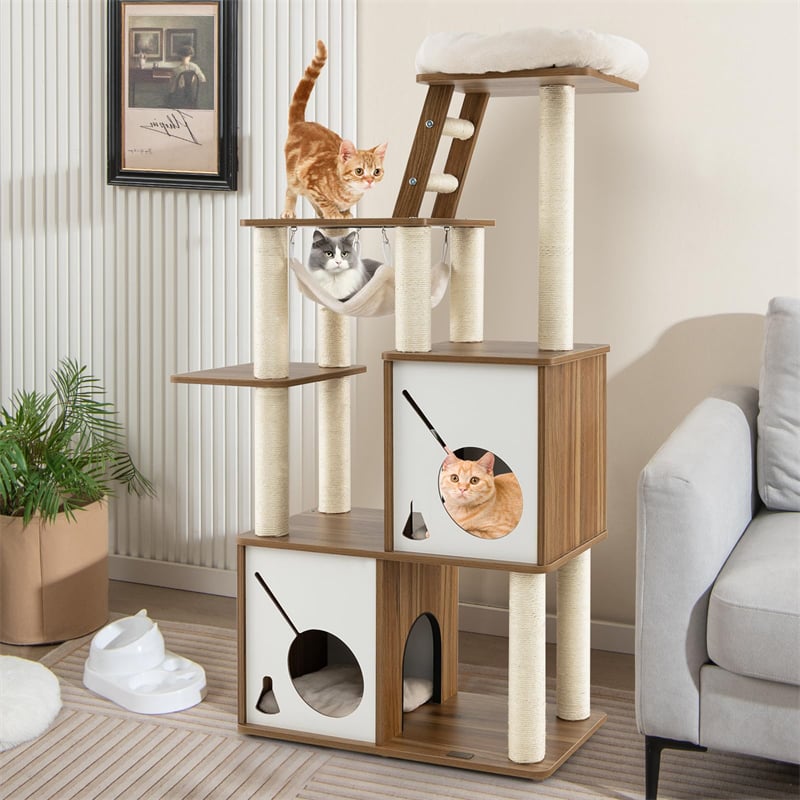 57" Modern Wooden Cat Tree Tower Multi-Level Cat Activity Center with Climbing Ladder, 2 Cat Condos, Hanging Hammock & Padded Top Perch