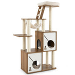 57" Modern Wooden Cat Tree Tower Multi-Level Cat Activity Center with Climbing Ladder, 2 Cat Condos, Hanging Hammock & Padded Top Perch