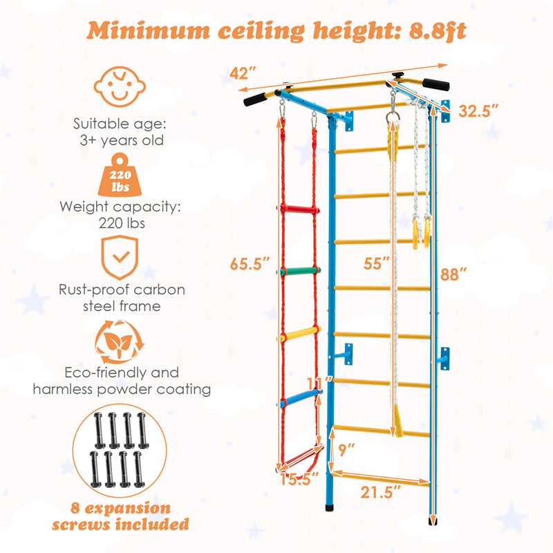 5-in-1 Steel Swedish Ladder Wall Set Toddler Climbing Toy Kids Indoor Jungle Gym with Pull-up Bar & Gymnastic Rings