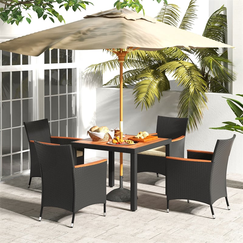 5 Piece Acacia Wood Wicker Patio Dining Set Outdoor Dining Table Chairs with Umbrella Hole & Seat Cushions for Backyard Poolside Deck