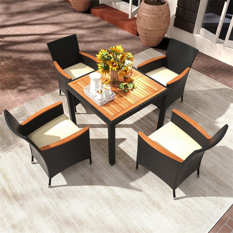 5 Piece Acacia Wood Wicker Patio Dining Set Outdoor Dining Table Chairs with Umbrella Hole & Seat Cushions for Backyard Poolside Deck