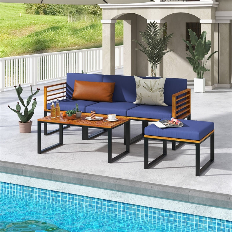 5 Piece Patio Furniture Set Metal Frame Acacia Wood Chair Coffee Table Set Outdoor 3-Seat Sofa Set with Ottoman, Back & Seat Cushions