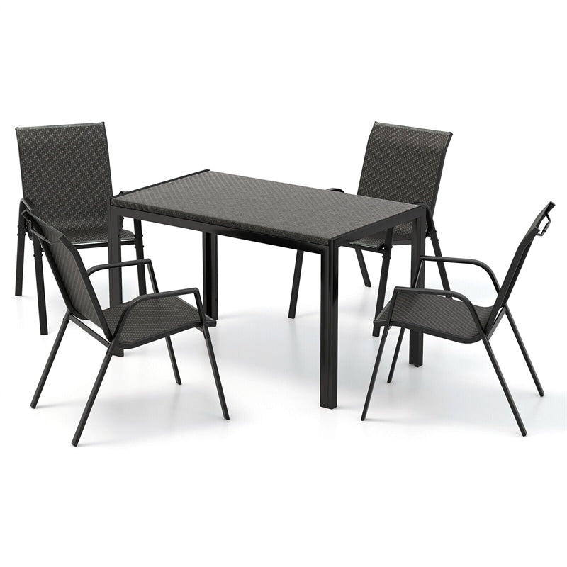 5 Piece Patio Rattan Dining Set Outdoor Dining Table Chairs Set for 4 with Heavy-Duty Metal Frame, Machine Woven Wicker Tabletop & Seat
