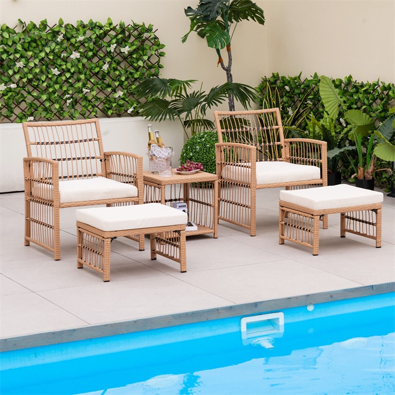 5 Piece Patio Rattan Wicker Conversation Set Outdoor Cushioned Furniture Set with 2-Tier Coffee Table & 2 Ottomans