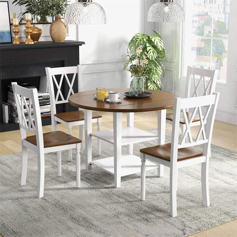 5PCS Solid Wood Dining Room Set Round Drop Leaf Kitchen Table with 4 Chairs & 2-Tier Bottom Open Shelf