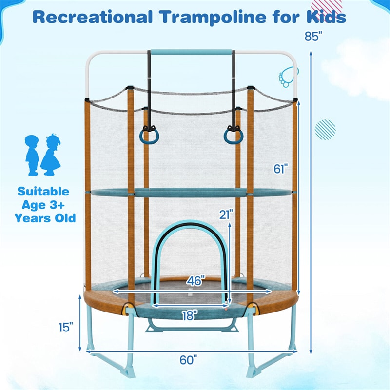 5FT Kids Trampoline Outdoor Indoor ASTM Approved 60" 3-In-1 Toddler Trampoline with Horizontal Bar, Rings & Safety Enclosure