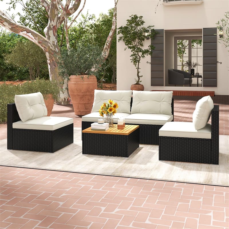 5-Piece Patio Rattan Sectional Sofa Set Outdoor Wicker Conversation Set with Acacia Wood Side Table, Seat & Back Cushions
