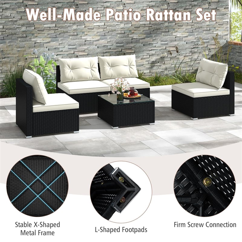 5 Piece Outdoor Furniture Set Patio PE Rattan Sectional Sofa Wicker Conversation Set with Tempered Glass Side Table, Back & Seat Cushions