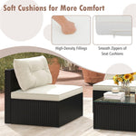 5-Piece Outdoor Rattan Sectional Sofa Set Wicker Patio Conversation Set with Tempered Glass Side Table, Seat & Back Cushions