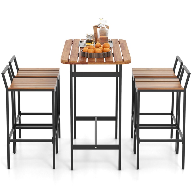 5 Piece Acacia Wood Bar Table Set for 4, Outdoor Bar Height Table & Chairs Set with Metal Frame & Footrest for Deck Garden Poolside