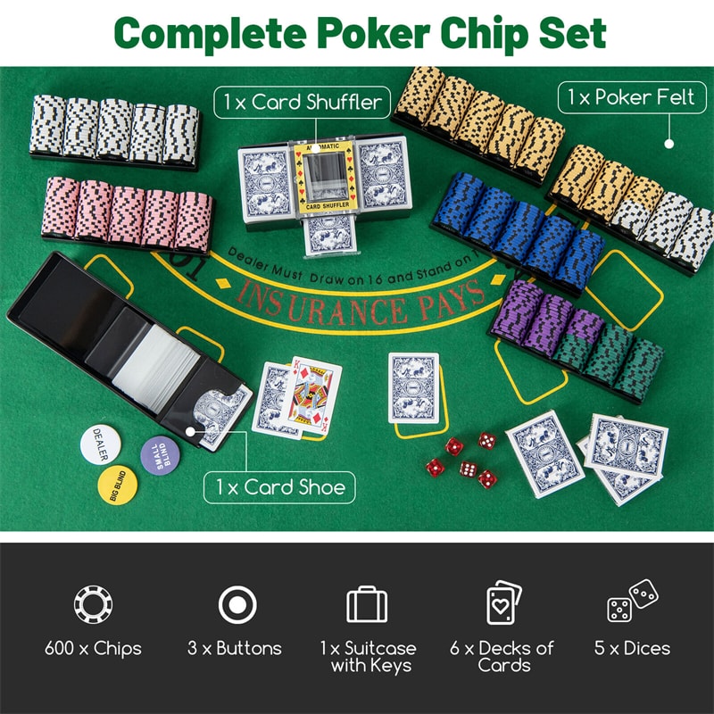 600-Piece Poker Chips Set 14 Gram Clay Poker Chips with Carrying Case & 6 Decks of Cards for Texas Holdem Blackjack
