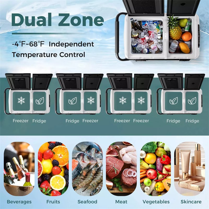 12V Dual Zone Car Refrigerator On Wheels 64Qt Portable Car Fridge Freezer for RV Camping with Touch Control Panel, ECO Mode, Reversible Lids