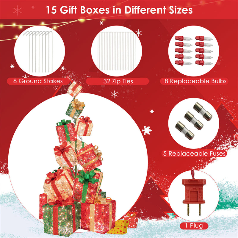 5.6 FT Christmas Lighted Gift Box Tower 15 Stacked Pre-Lit Gift Boxes with 450 Warm White Lights & Metal Base for Indoor Outdoor Decorations