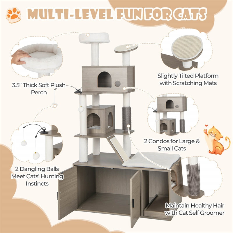 68" Tall Cat Tree Cat 2-in-1 Modern Cat Tower with Hidden Litter Box Enclosure 2 Comfy Cat Condos & Large Platform for Indoor Cats
